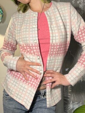 Vintage Preppy Pink and White Gingham Fuzzy Cardigan with Shimmer